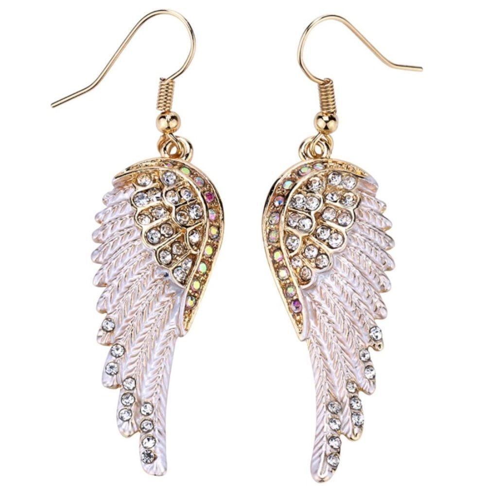 Yellow Gold with White Diamond and AB Crystal Angel Wing Dangle Hook Earrings